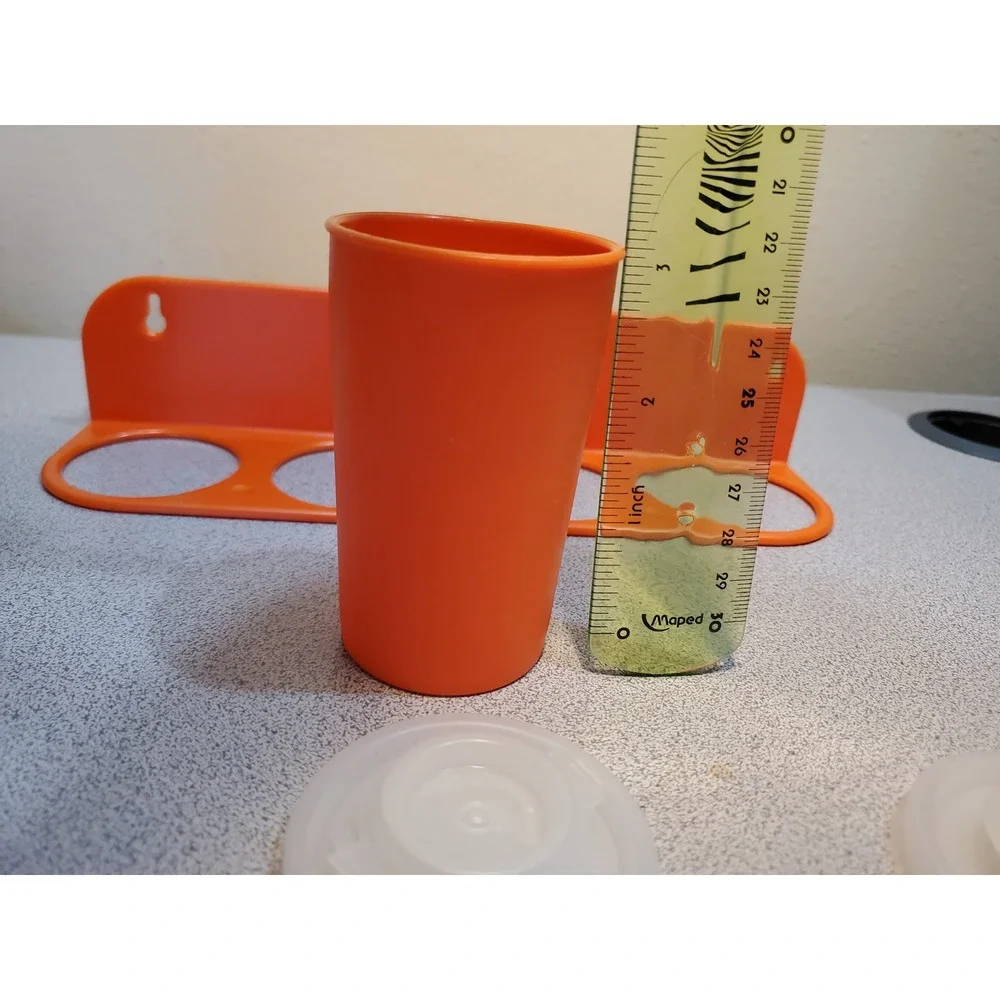 Vintage Tupperware Orange Tumblers Spice set Lids Wall Mount Rack grandmacore